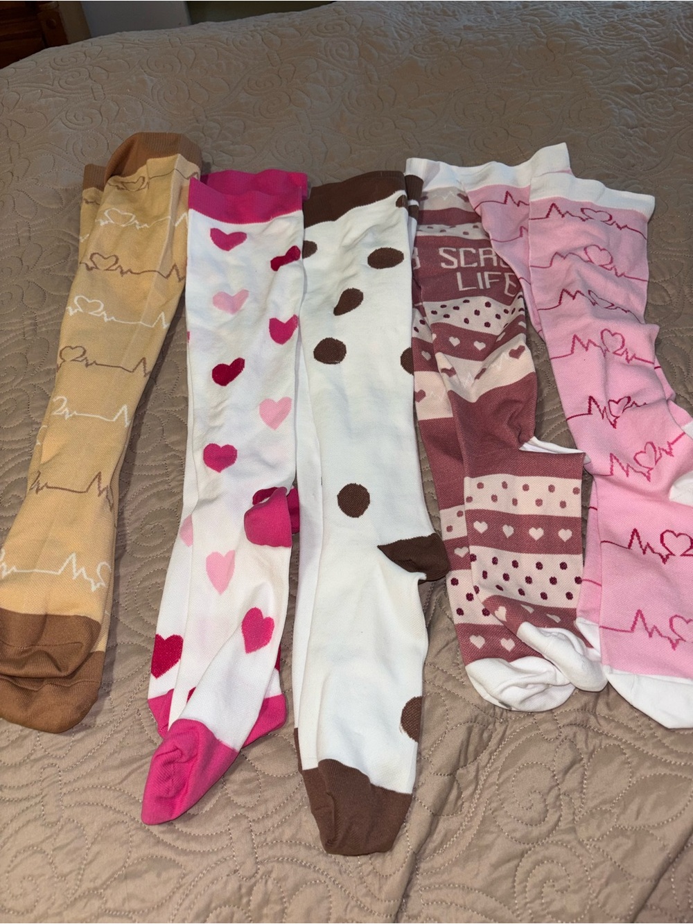 Women’s Nursing Compression Heart & Polka Dot Leggings - Pink, White, Brown, Tan